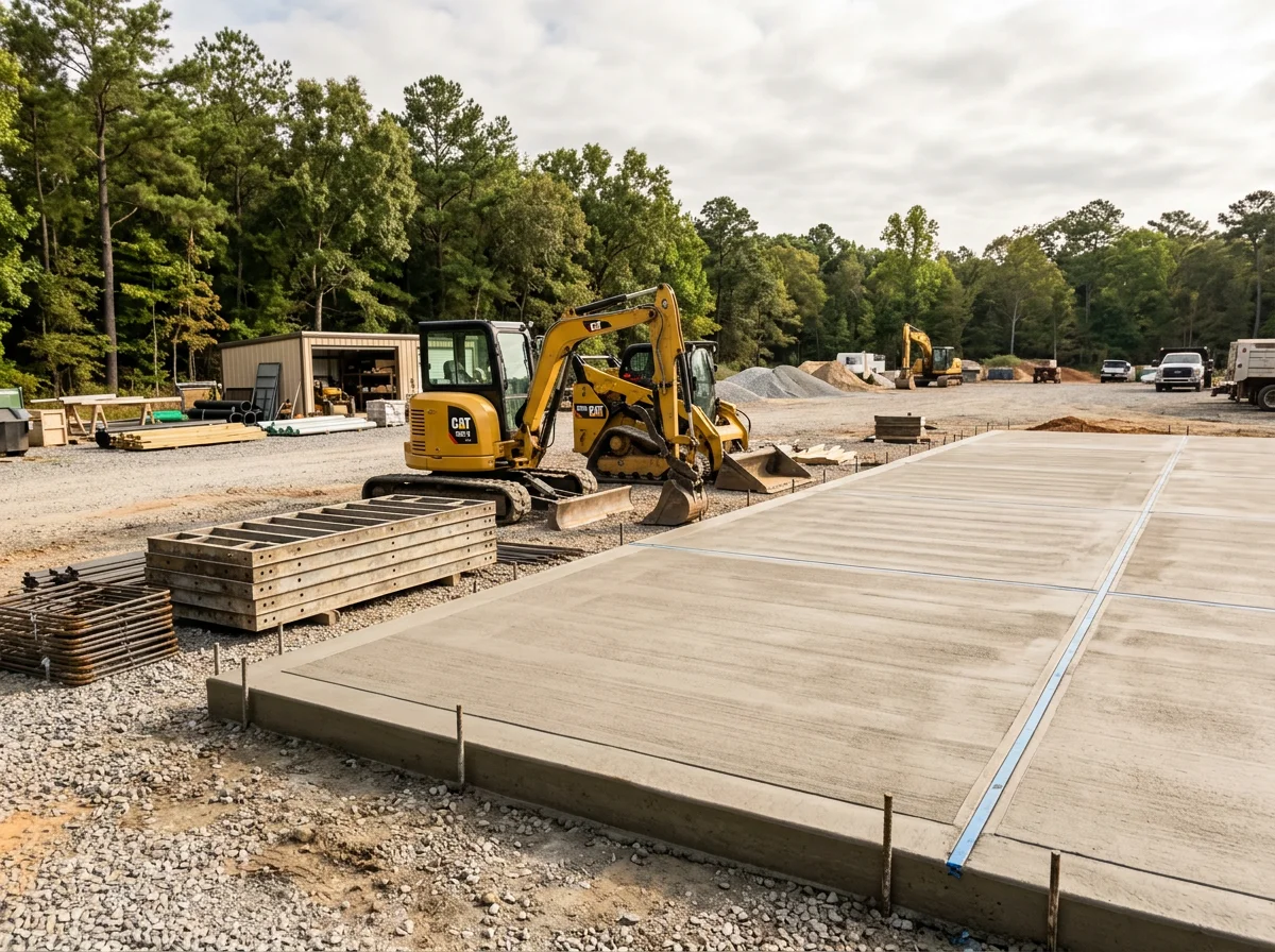 Concrete work site with grading equipment and freshly poured concrete foundation ready for construction.