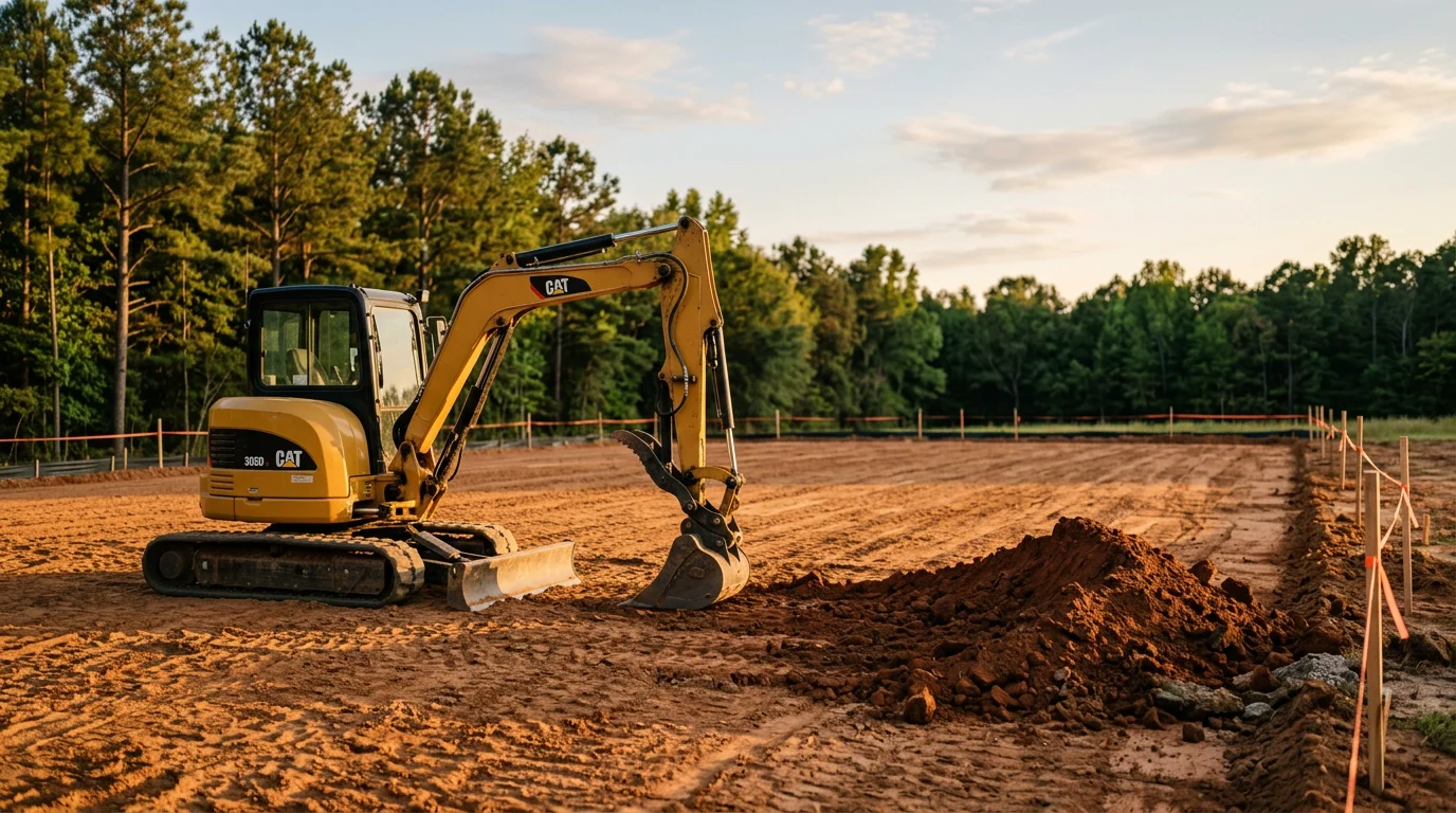 Excavator working on residential site preparation in Warner Robins, Georgia