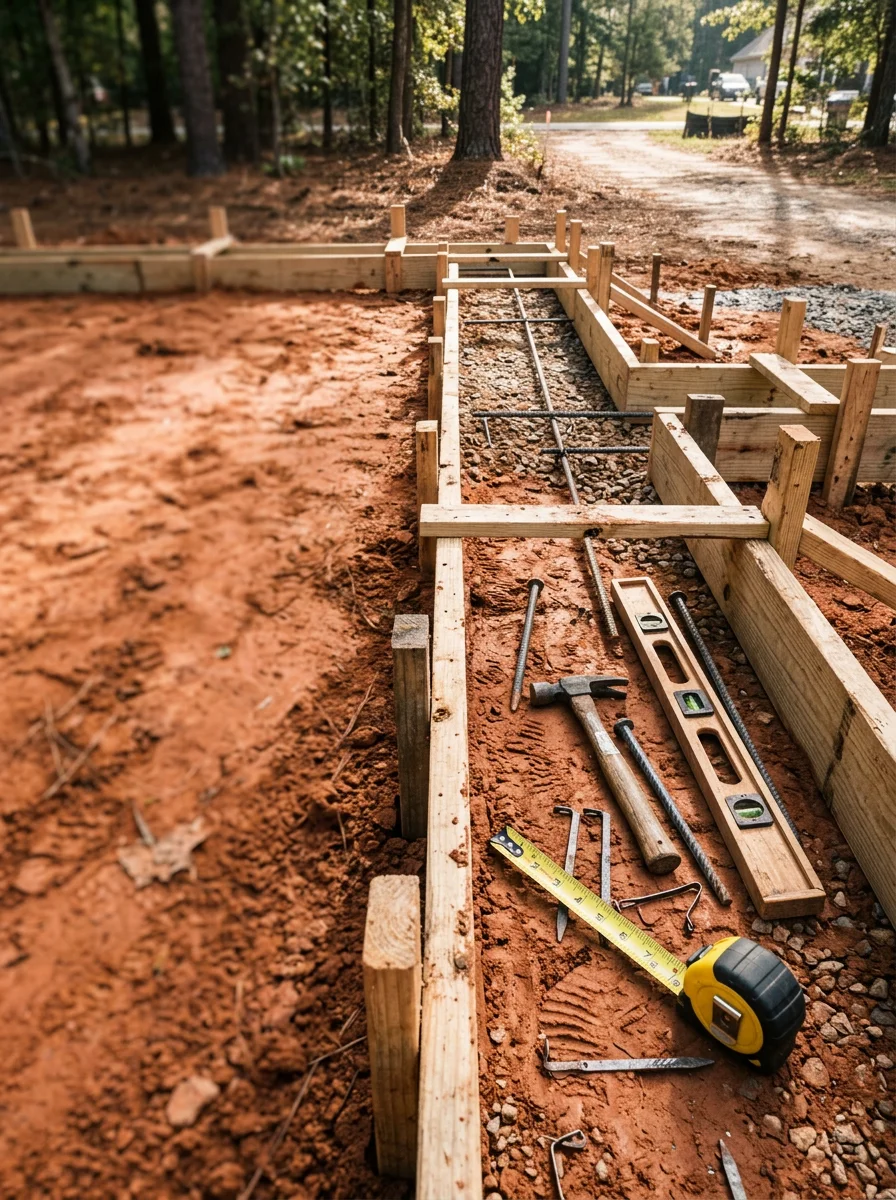 Close-up portrait view of concrete forming work in progress on a Georgia residential site, with form boards set on compacted red clay subgrade.