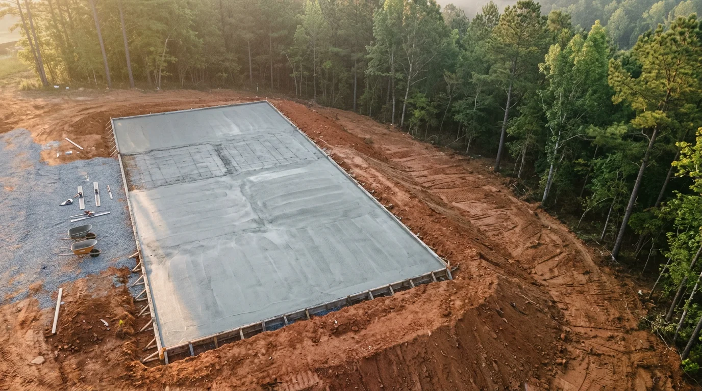 Wide aerial view of a freshly graded and poured commercial concrete slab on a Georgia job site, with red clay soil visible at the edges of the formed area.