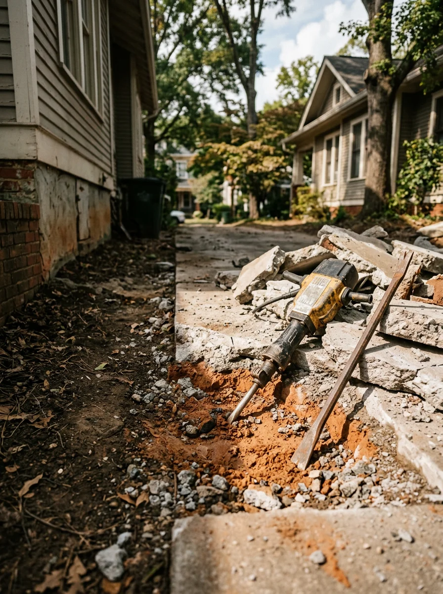 Portrait view of concrete demolition work in progress at an intown Atlanta residential property, with broken slab sections and exposed clay subgrade visible.