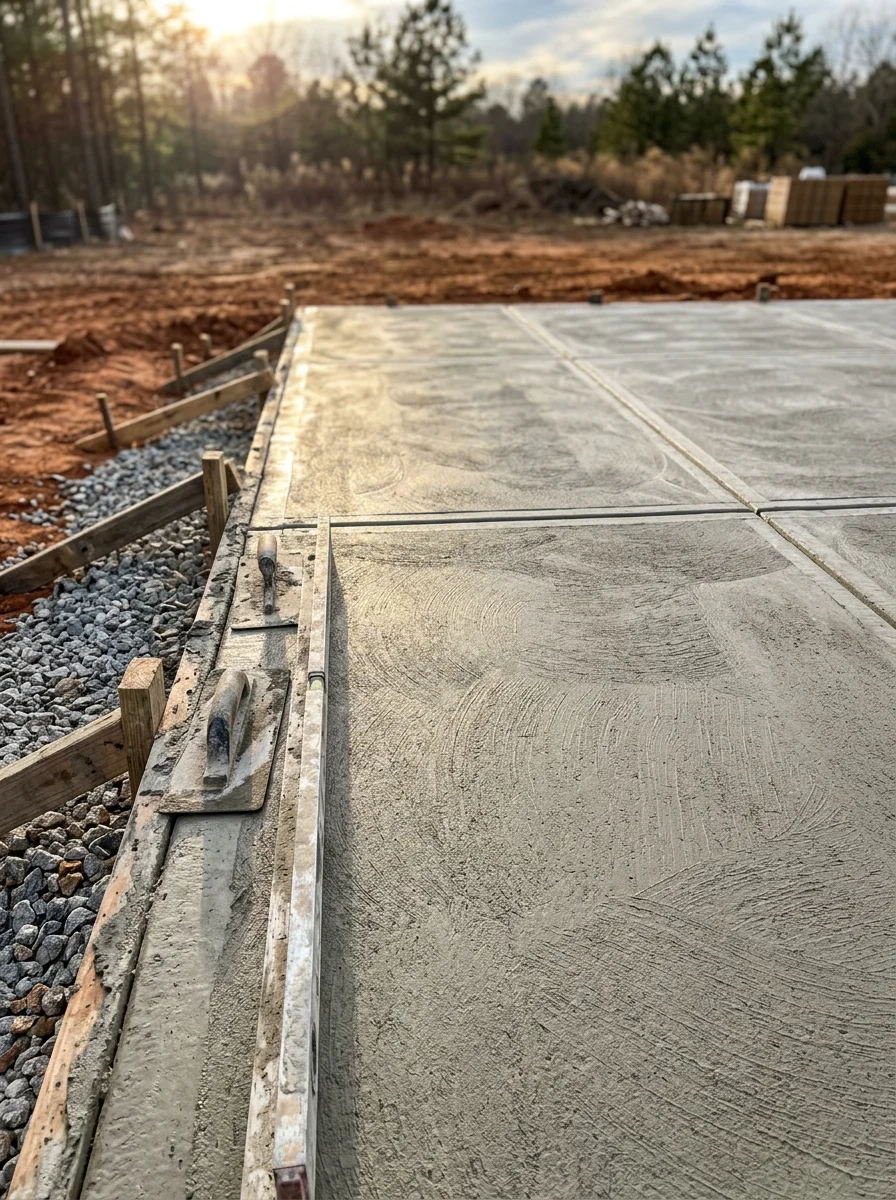 Portrait view of a commercial concrete slab being graded and formed in the Evans or Grovetown area, with compacted subgrade and form boards set for the pour.