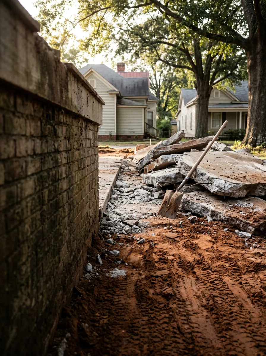 Portrait view of concrete demolition at a Macon historic neighborhood property, with broken slab sections removed and exposed clay subgrade ready for re-grading.