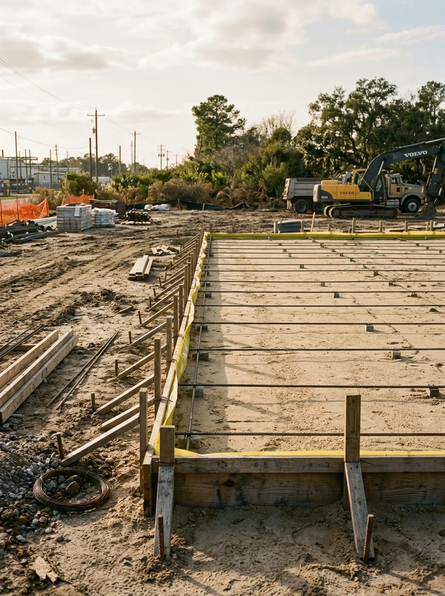 Portrait view of a commercial concrete pour in the Pooler or Garden City area near Savannah, with compacted sandy subgrade and form boards set for a large commercial slab.