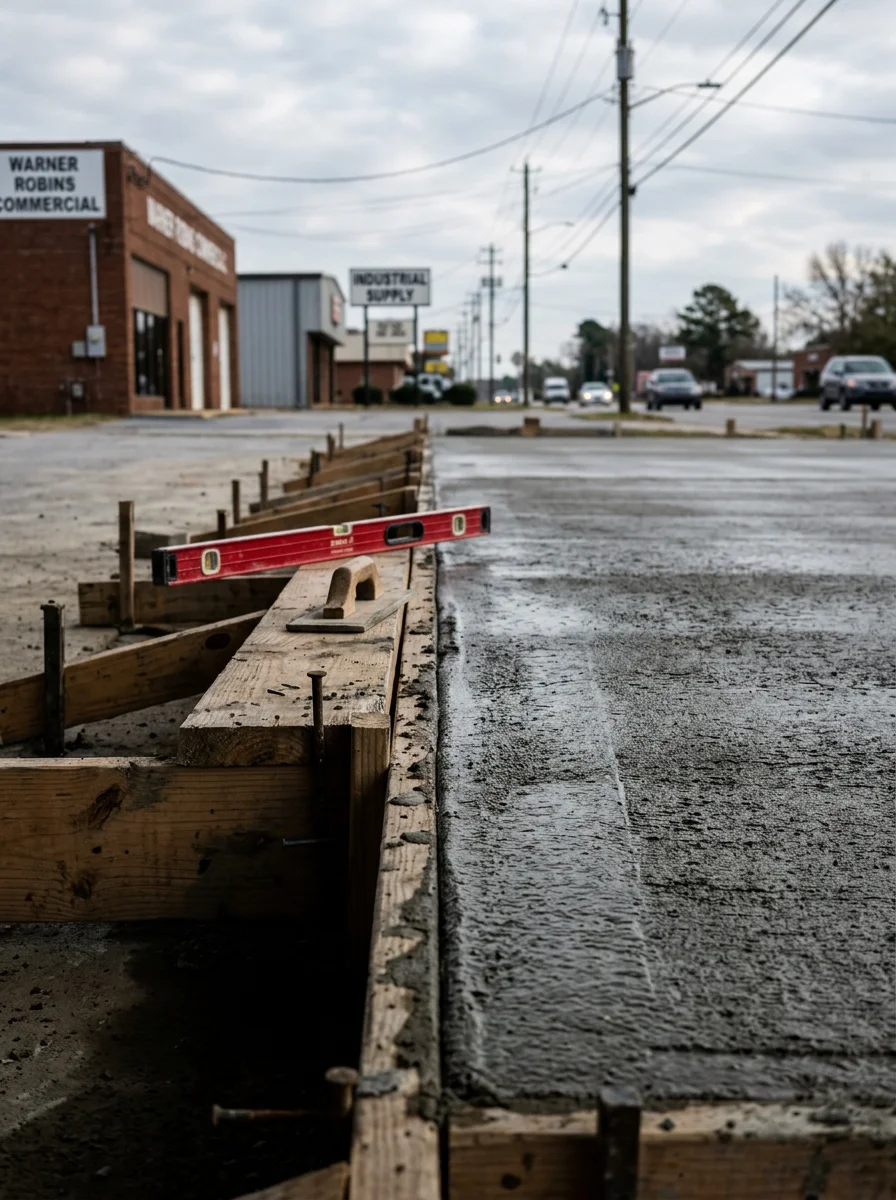 Portrait view of a commercial concrete slab being poured along a Warner Robins commercial corridor, with forming boards and a wet concrete surface in the foreground.