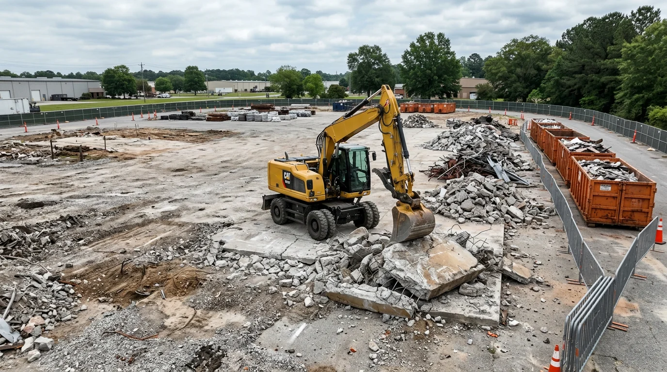 A commercial building being demolished in Warner Robins, Georgia, with heavy equipment breaking down the exterior walls. The surrounding area is clear, showing the site prepared for future construction.
