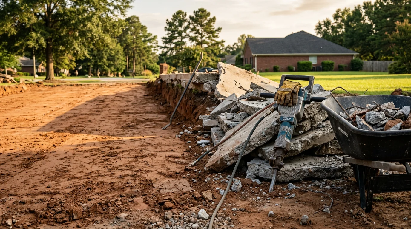 A concrete slab being broken up and removed from a residential property in Warner Robins, Georgia, with debris staged for haul-away and the cleared ground visible beneath.
