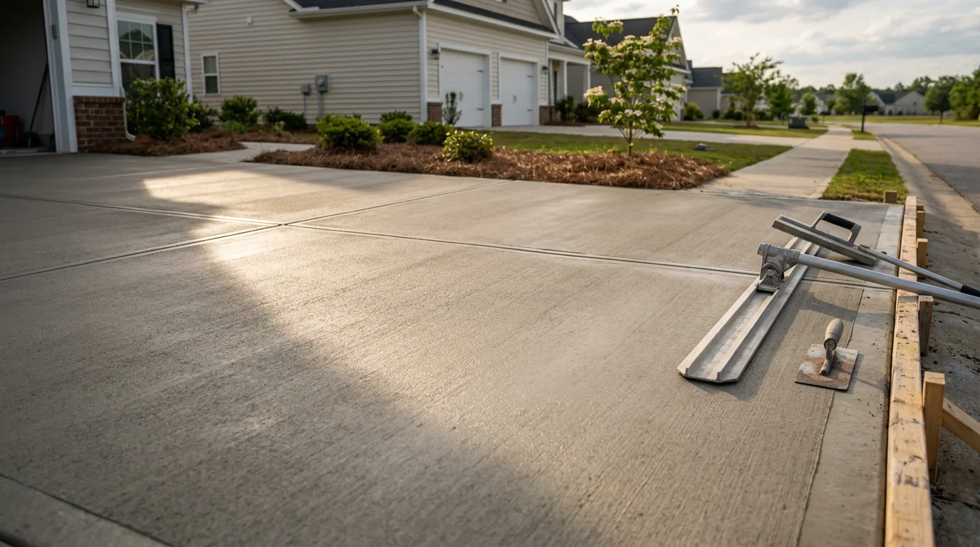 A freshly troweled concrete slab with smooth surface texture and clean control joint lines on a residential property in Warner Robins, Georgia. The finished flatwork shows even coloring and proper edge detailing typical of professional concrete finishing work.