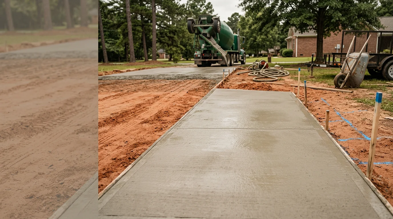 Freshly poured concrete slab on a prepared gravel subbase at a residential property in Georgia. A contractor smooths the wet concrete surface during a commercial flatwork pour in Warner Robins.