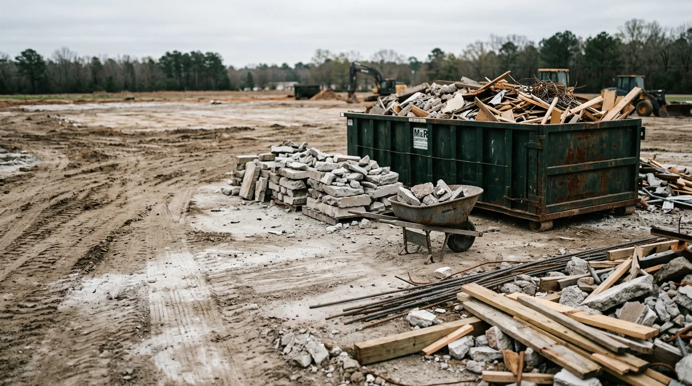 A cleared demolition site in Warner Robins, Georgia with concrete rubble and mixed construction debris loaded for removal. A commercial property lot sits empty and clean after debris haul-away by a demolition contractor.