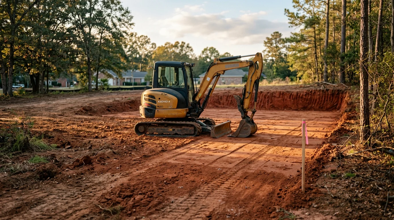 A graded residential lot in Warner Robins, Georgia showing freshly leveled red clay soil with a smooth slope directing drainage away from the building site. A commercial excavation site in Georgia with exposed subsoil prepared for foundation construction.