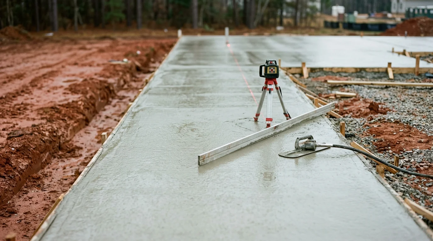 Fresh concrete foundation pour in progress on a residential construction site in Warner Robins, Georgia, with formed edges and wet concrete being placed into the footings. Red clay soil is visible along the perimeter of the excavated foundation area.
