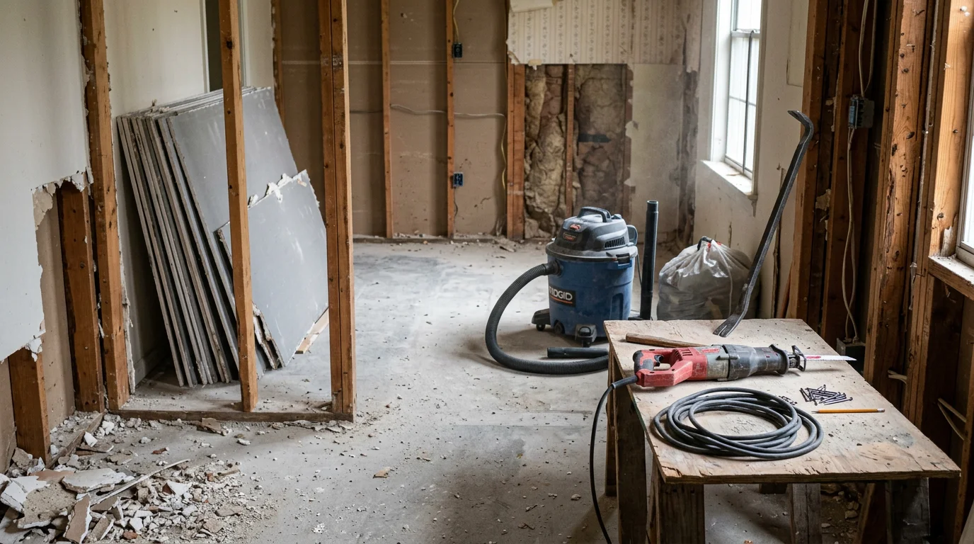 Interior of a Georgia commercial building mid-demolition, with walls stripped to the studs and flooring removed down to the concrete subfloor. A cleared residential room in Warner Robins shows exposed framing after interior demolition work by Richardson Finishing.