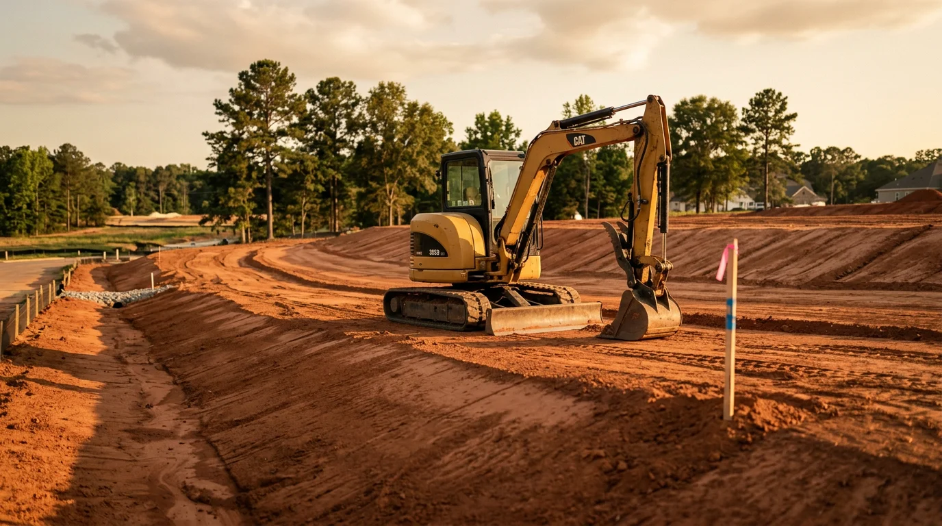 A commercial property site in Georgia with freshly formed and graded earth, showing smooth contoured slopes and a level building pad ready for construction. An excavating contractor has reshaped the raw land to direct drainage away from the center of the site.