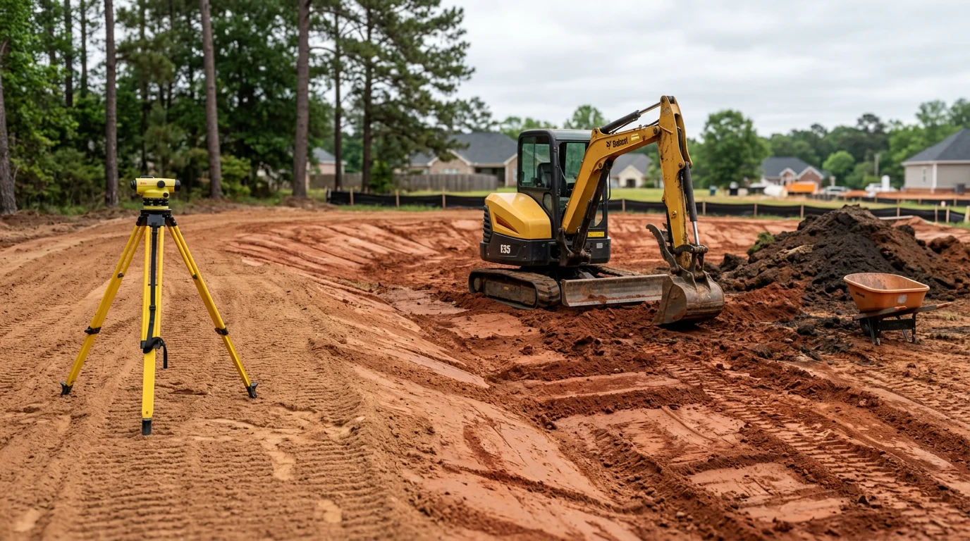 Finished landscaping on a residential property in Warner Robins, Georgia, showing graded ground, clean bed edges, and established turf. Commercial-grade site preparation visible in the background on a Georgia clay soil lot.