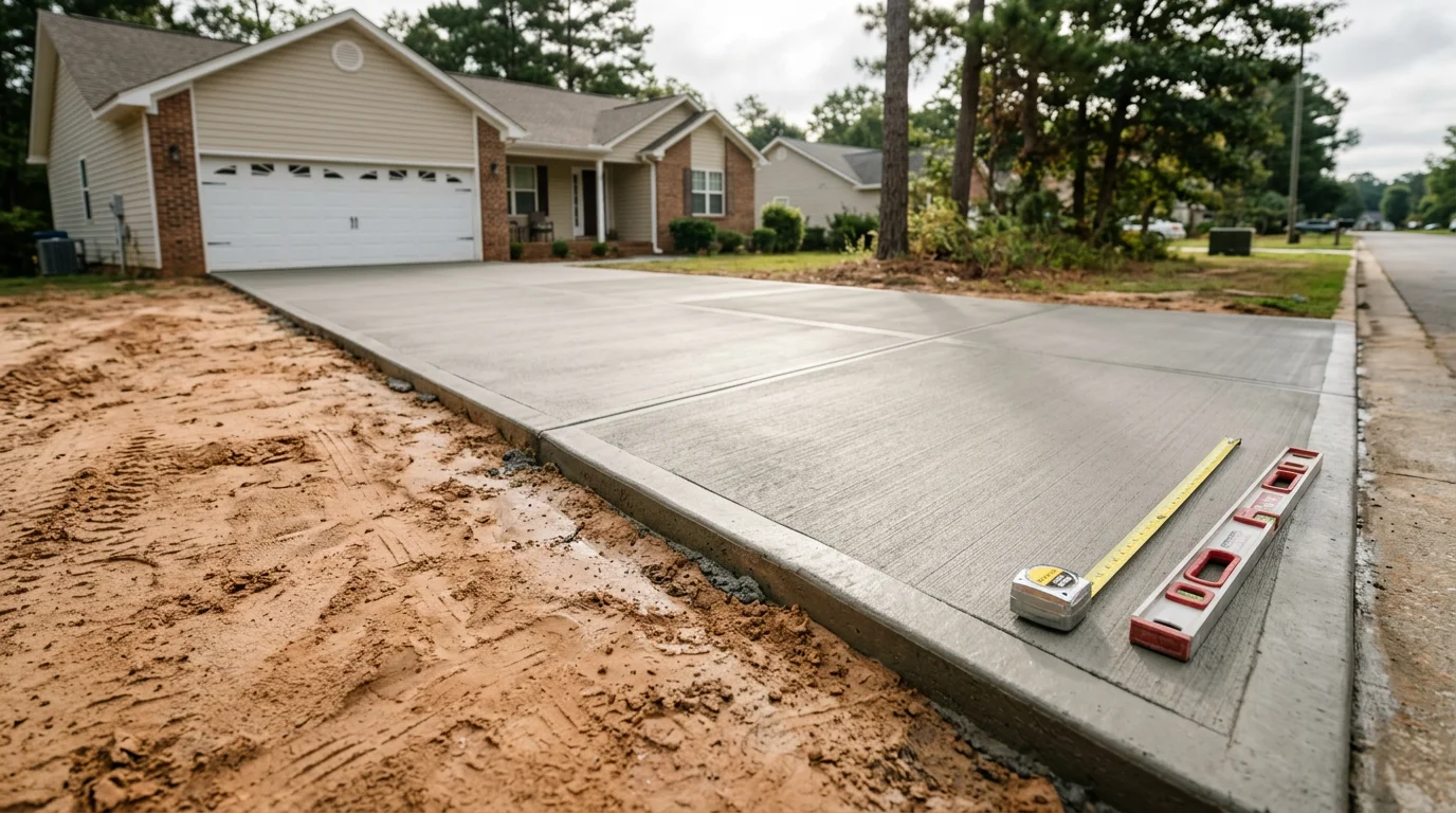 Freshly poured and finished concrete driveway at a residential home in Warner Robins, Georgia, with clean edges and a smooth surface. The surrounding yard shows red clay soil typical of central Georgia.