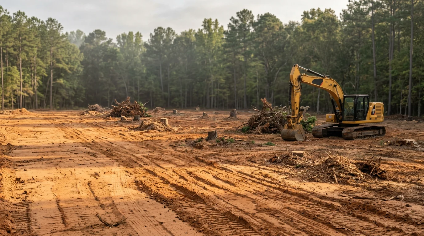 A freshly cleared construction site in Georgia with trees, stumps, and brush removed, leaving open ground ready for grading. A commercial parcel in the background shows the scale of site clearing work completed by Richardson Finishing.