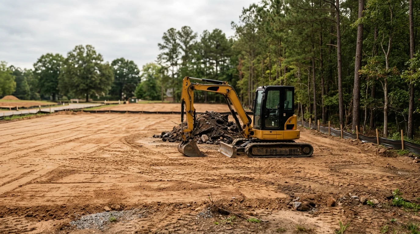 A freshly graded and cleared construction site in Warner Robins, Georgia, with compacted soil leveled and ready for foundation work. Heavy equipment tracks are visible across the bare earth on a residential lot prepared for a new build.